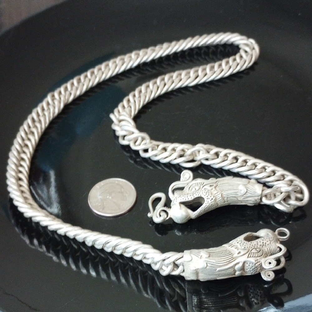 MEN'S NECKLACE: 925 -SS-  EXOTIC, ANTIQUE - DOUBLE DRAGON HEAD-(28" L x 12mm W)